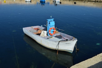 A small white fishing boat named 'Maria' is anchored in calm, clear blue waters. The boat is equipped with a blue motor, a life preserver attached to the side, and various fishing equipment on board. Several other boats are visible in the distance, along with a stone shoreline reflecting in the water.