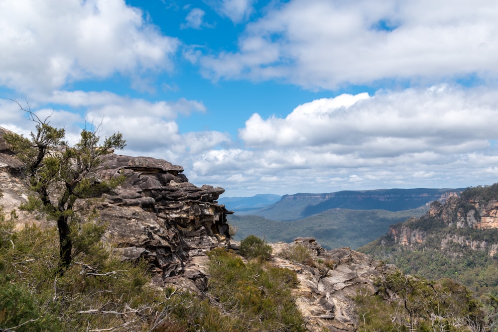 green grass on brown rocky mountain under blue sky and white clouds during daytime