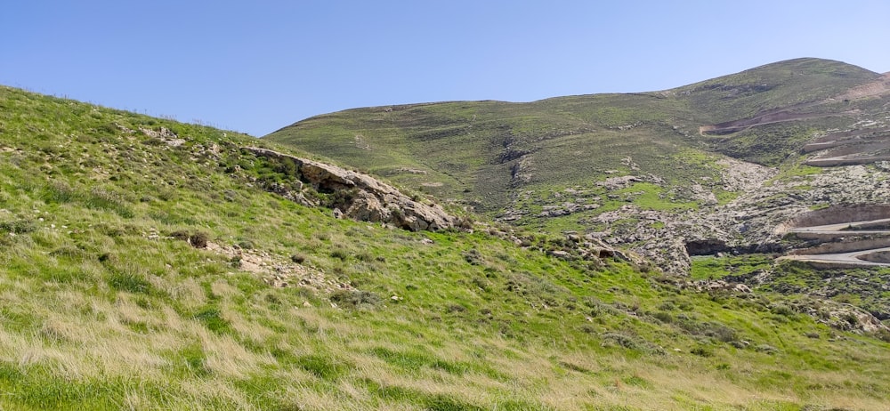 campo di erba verde e montagna sotto il cielo blu durante il giorno