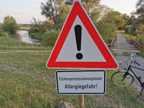 A warning sign with an exclamation mark in a red triangle is prominently displayed in a grassy area near a river or stream. Below the triangle, a sign in German warns about the Oak Processionary Moth and allergy risk. A pathway and a bicycle are visible to the right, with trees and greenery surrounding the area.