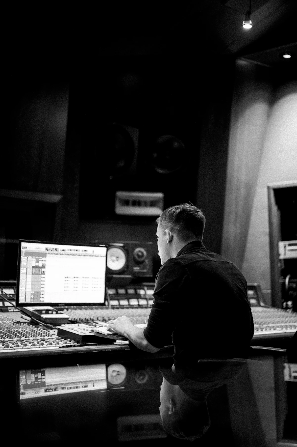 Marcus Vale, founder and lead installer, seated at a recording-studio mixing console
