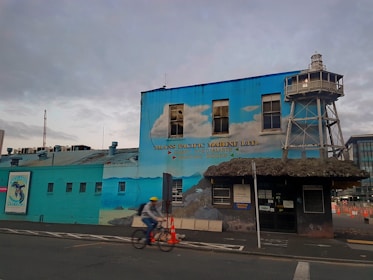 A painted building with maritime-themed artwork on its walls. The painting includes ocean waves, clouds, and a lighthouse structure attached to the building. A person riding a bicycle is seen in front of the building, wearing a helmet and a bag. Traffic cones are placed on the street, suggesting nearby construction or roadwork. The sky above is cloudy.