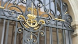 An intricately designed wrought iron gate with golden decorative elements and floral motifs is positioned in front of a window. The metalwork features elegant swirls and ornamental details, blending classic and decorative styles.