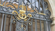 An intricately designed wrought iron gate with golden decorative elements and floral motifs is positioned in front of a window. The metalwork features elegant swirls and ornamental details, blending classic and decorative styles.