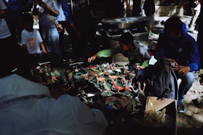 A group of people gather around a table displaying various small, colorful figurines. The figures resemble animals and other creatures, and are arranged closely together. The scene is partially shaded, with sunlight filtering through nearby trees. Some individuals are intently observing, while others seem engaged in handling or discussing the items.