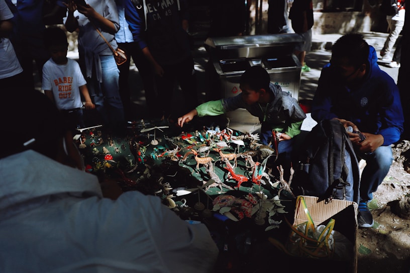 A group of people gather around a table displaying various small, colorful figurines. The figures resemble animals and other creatures, and are arranged closely together. The scene is partially shaded, with sunlight filtering through nearby trees. Some individuals are intently observing, while others seem engaged in handling or discussing the items.