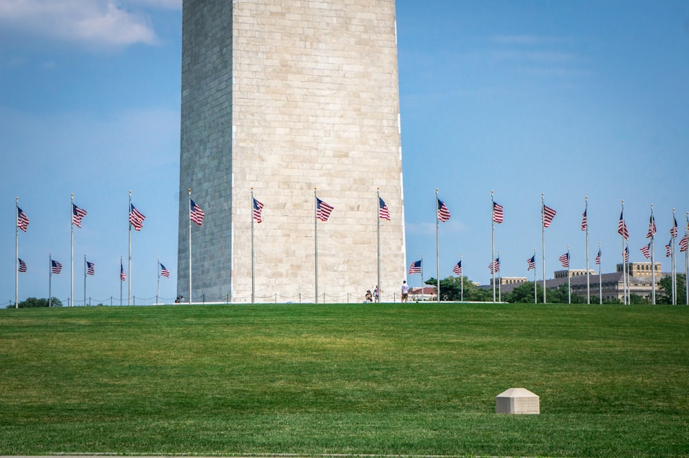 people standing on green grass field near gray concrete tower during daytime