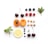 An arrangement of various fruits and nuts on a white background. The top row includes two cherries, three blueberries, and two raspberries. Below are two cherry halves, a line of eight hazelnuts, two apricot halves with one showing its pit, a slice of lemon, and a few coffee beans. Fresh green leaves are positioned on the sides.