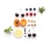 An arrangement of various fruits and nuts on a white background. The top row includes two cherries, three blueberries, and two raspberries. Below are two cherry halves, a line of eight hazelnuts, two apricot halves with one showing its pit, a slice of lemon, and a few coffee beans. Fresh green leaves are positioned on the sides.