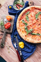 pizza on blue ceramic plate