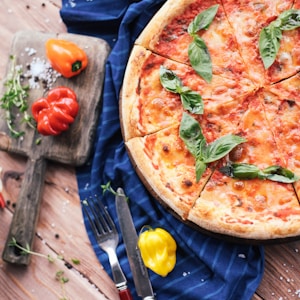 pizza on blue ceramic plate