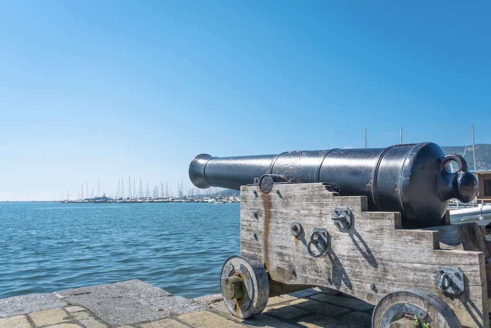 Cannone nero e grigio vicino allo specchio d'acqua durante il giorno