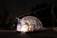 A person is inside a transparent geodesic dome structure at night. The dome is illuminated from within, revealing various plants and furniture inside. Surrounding the dome, the environment is dark with silhouettes of palm trees and other structures in the background.