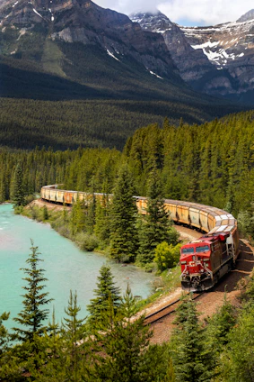 red and white train on rail near body of water during daytime