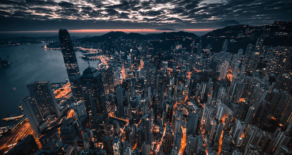 aerial view of city buildings during night time