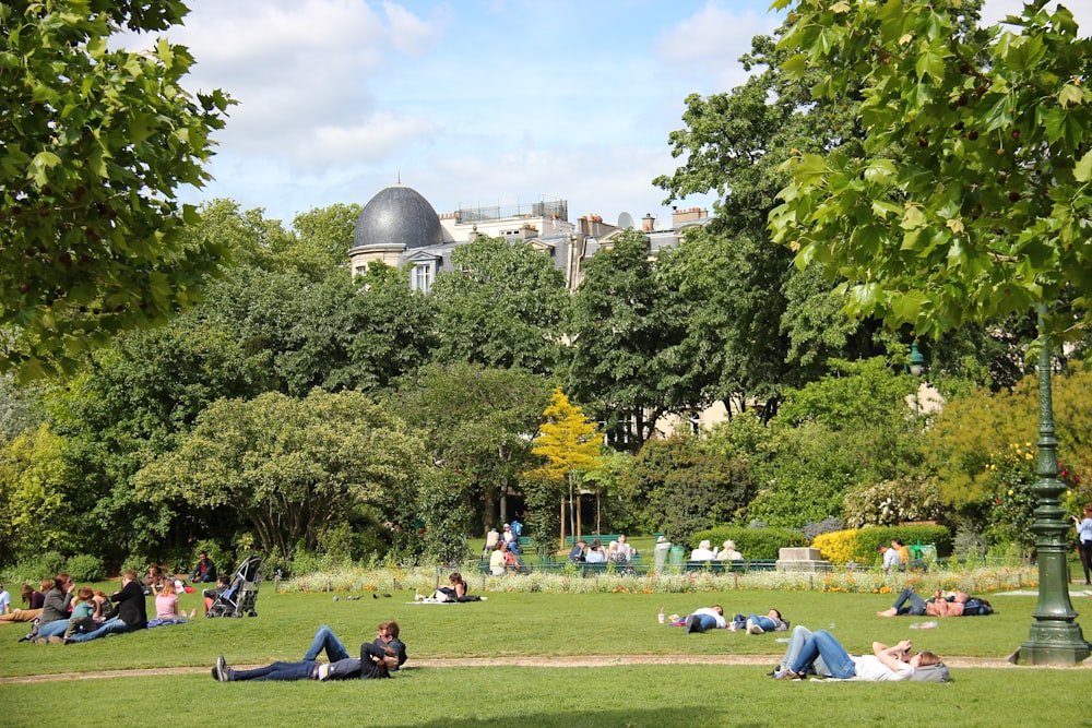 people sitting on green grass field near trees and white dome building during daytime