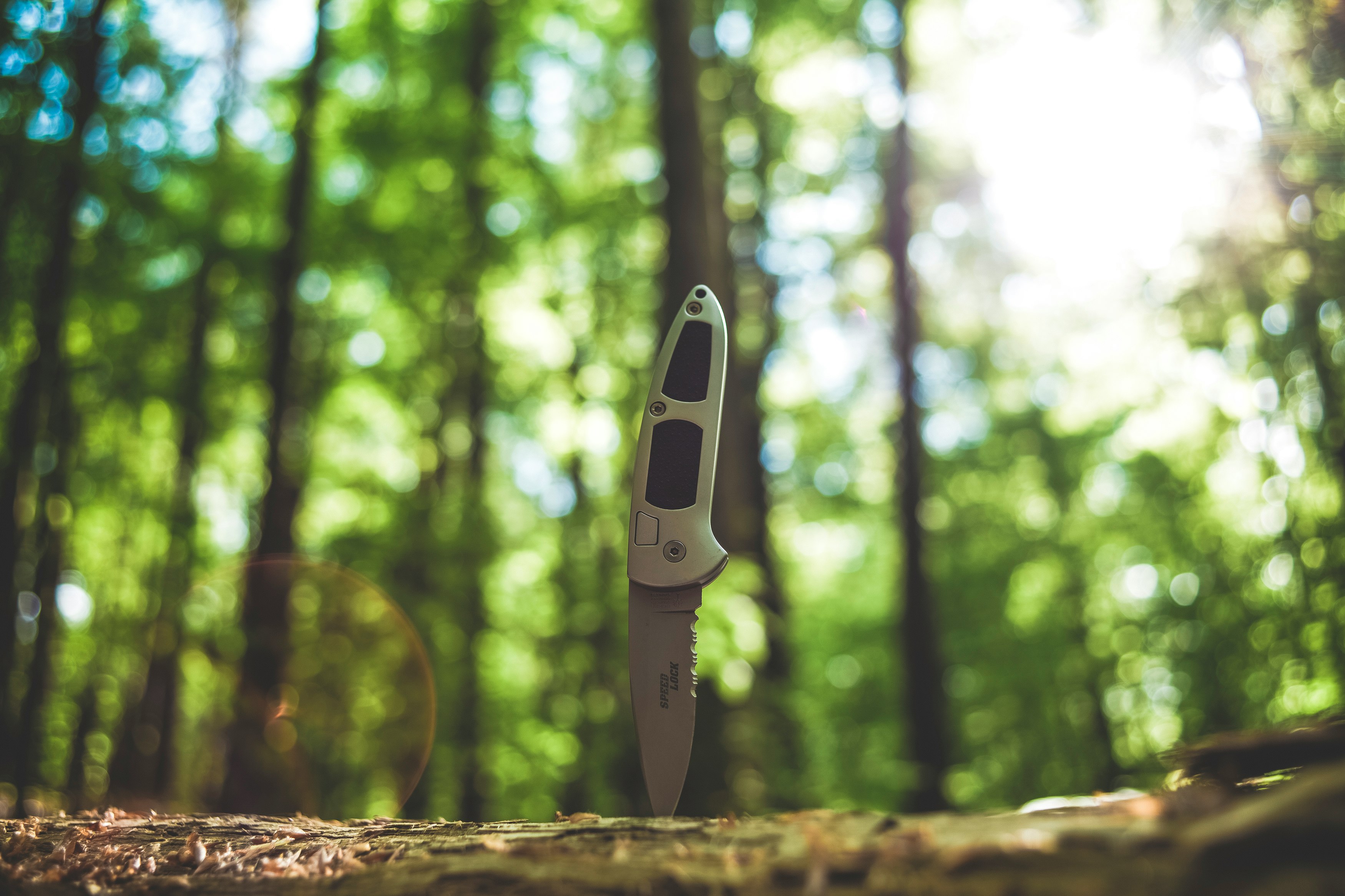 black and white knife on brown tree trunk