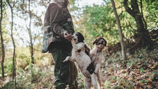 man in black leather jacket holding white and black short coated dog