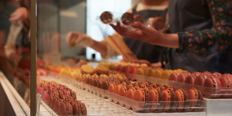 Macaroons in the showcase of a pastry shop