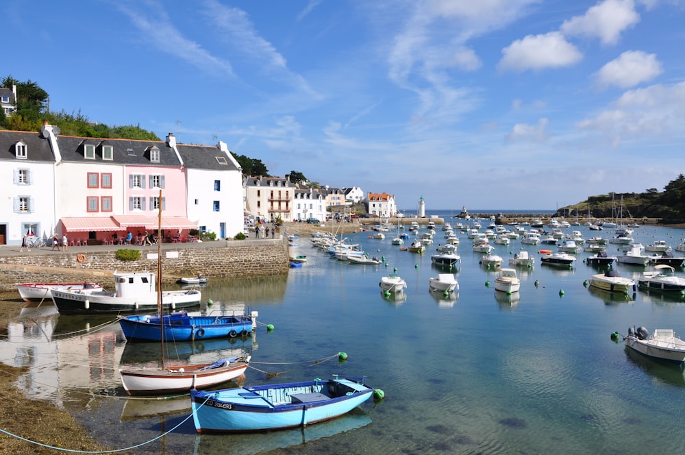 boats on sea near houses during daytime