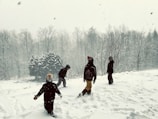 Children playing in fresh snow with snow-capped peaks in the background.