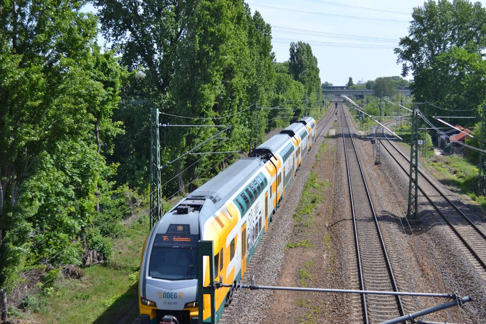 white and yellow train on rail tracks near green trees during daytime
