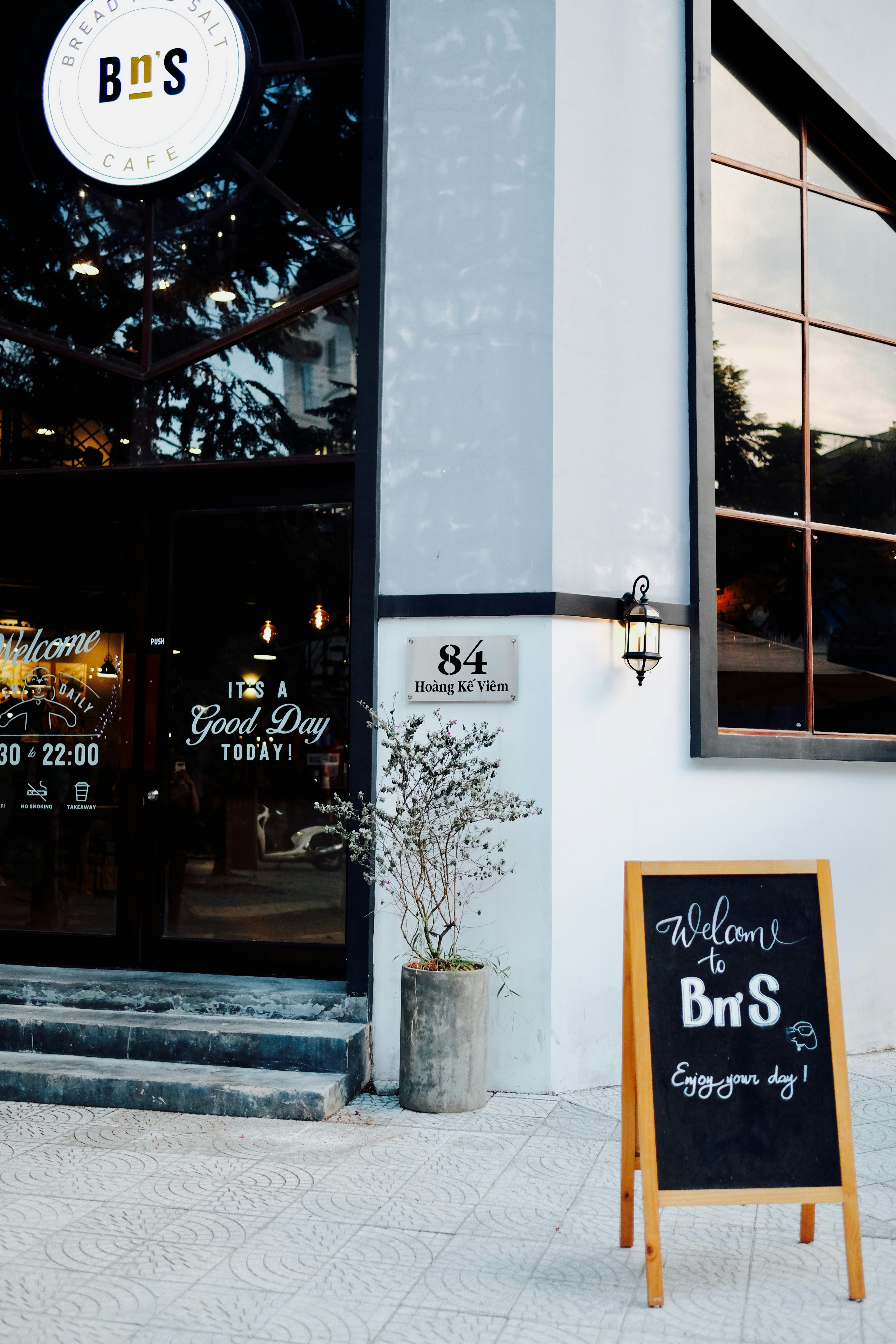 white and black store front