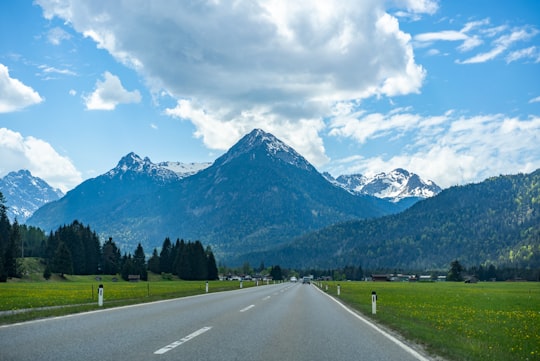 gray asphalt road near green grass field and green trees and mountains under white clouds and in Reutte Austria