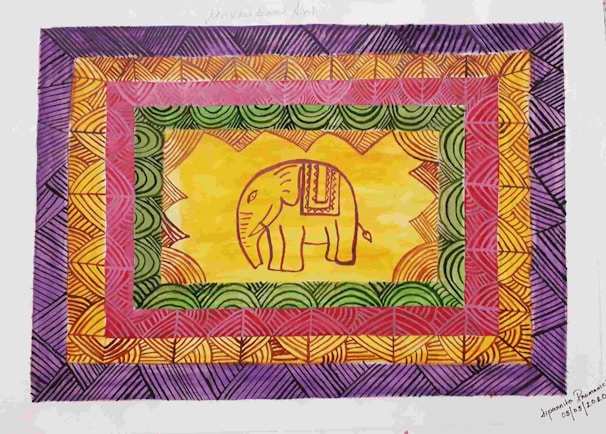 A minimalist poster featuring a stylized elephant adorned with Indian patterns against a simple background.