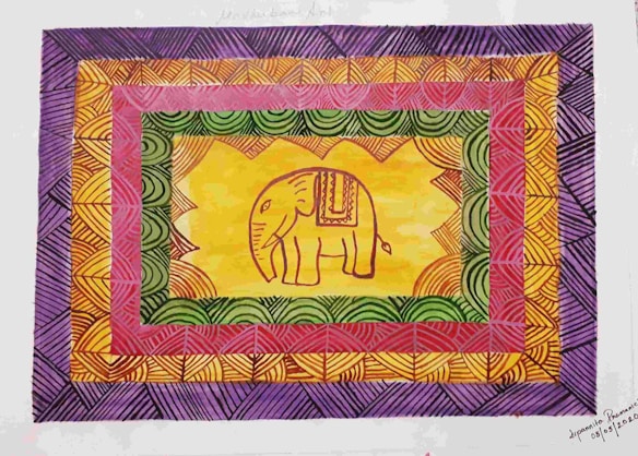 An intricately designed image featuring a stylized elephant in the center, surrounded by vivid geometric patterns. The elephant is adorned with traditional decorative elements. The surrounding patterns consist of repeated arcs and lines, creating a vibrant, dynamic frame of multiple colors.