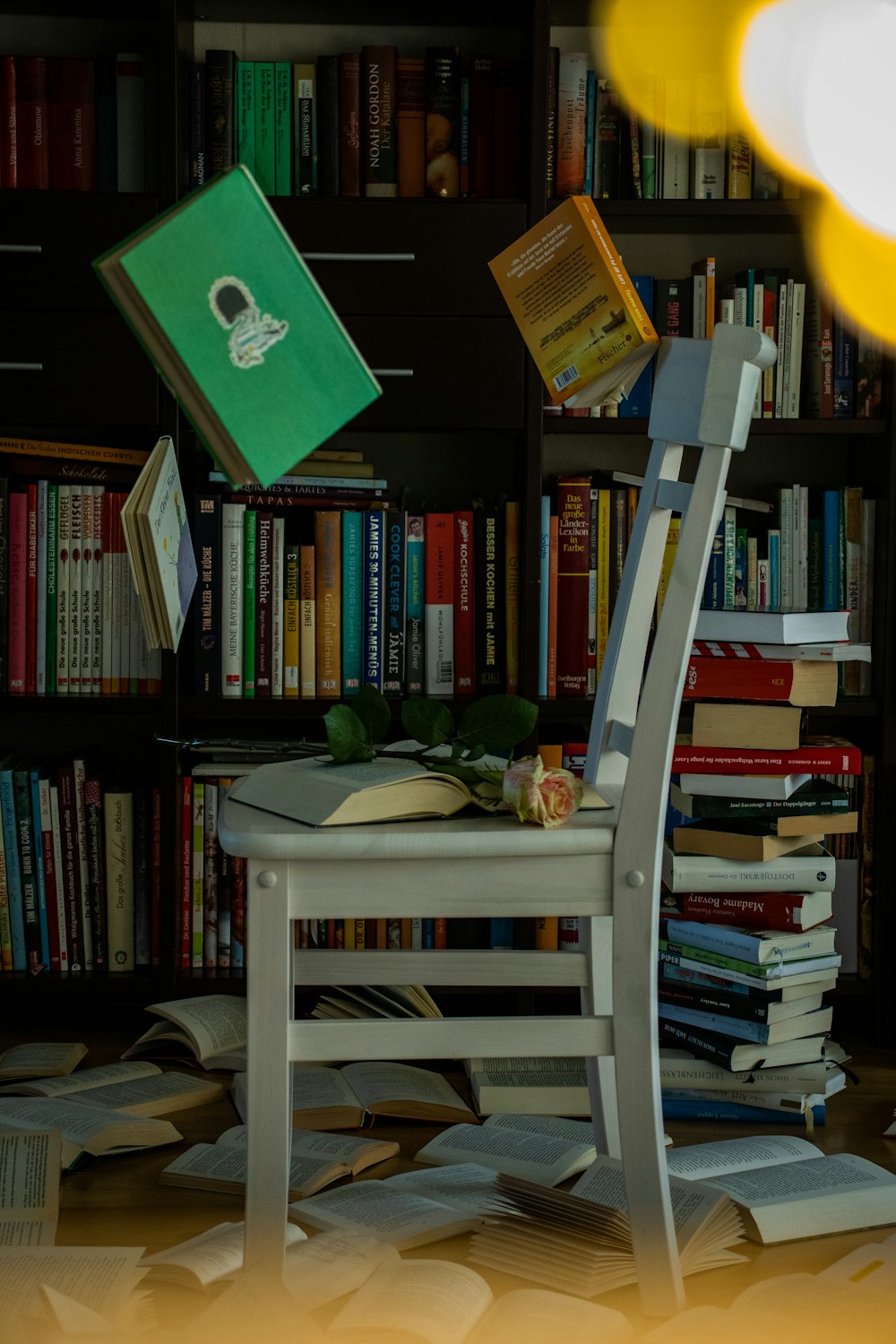 books on white wooden shelf