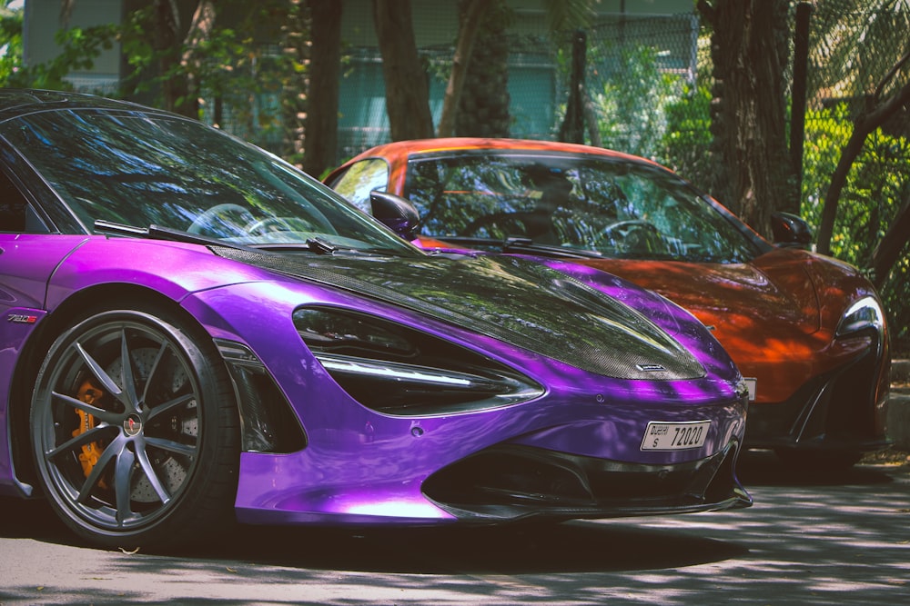 purple ferrari car in a forest