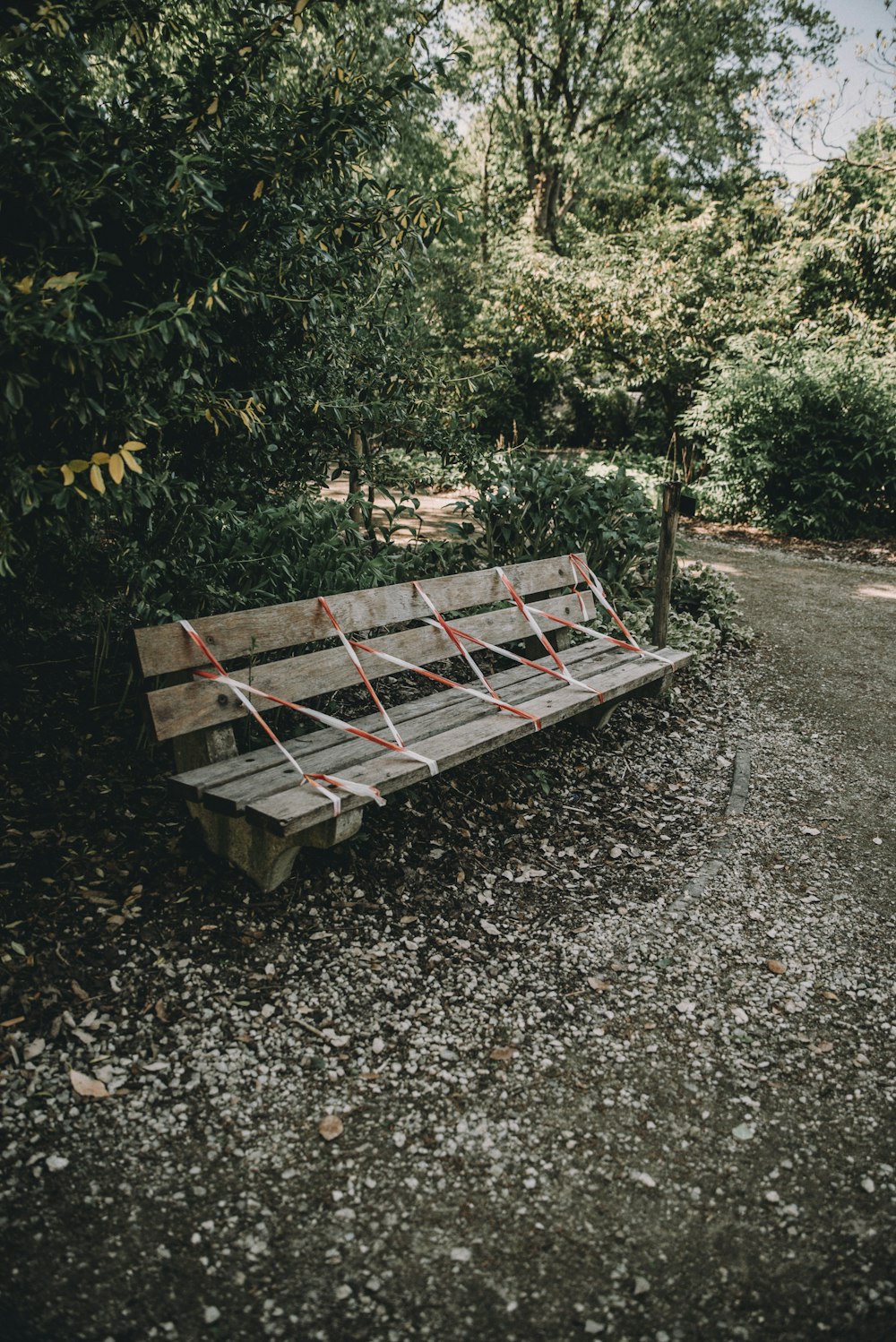 brown wooden bench on gray soil