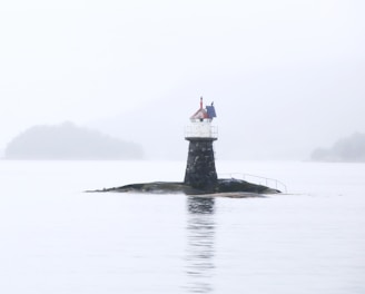 white and black lighthouse on black rock surrounded by water