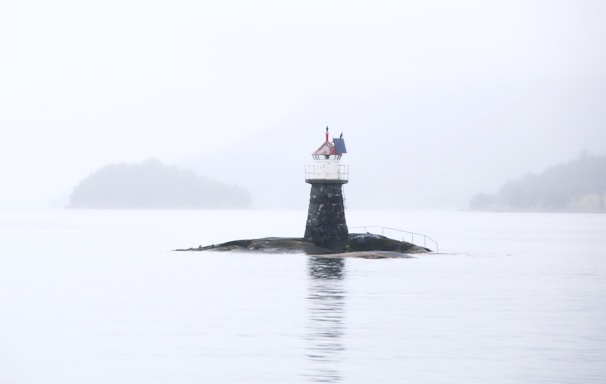 white and black lighthouse on black rock surrounded by water