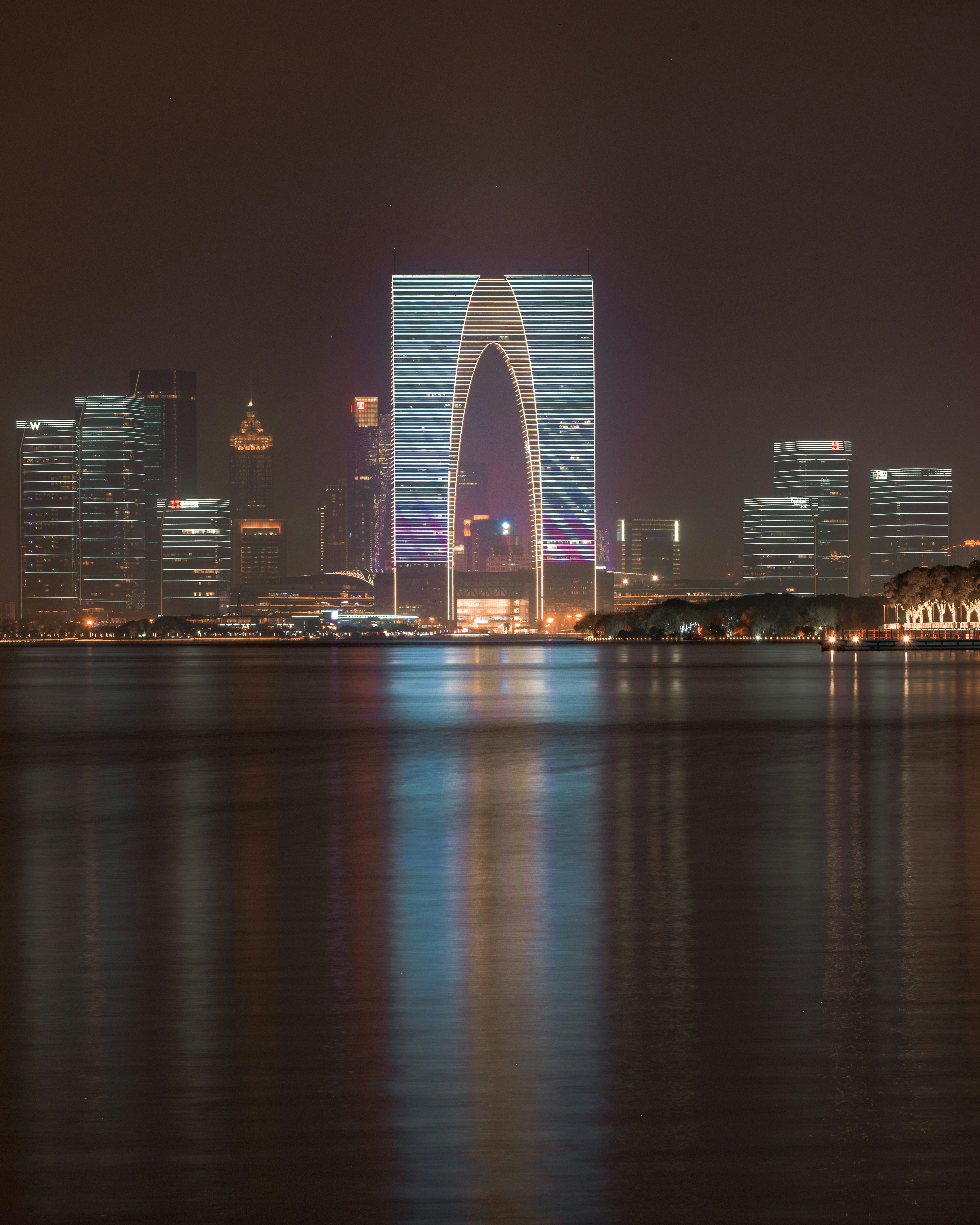 city skyline during night time