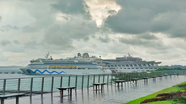 white and blue cruise ship on sea under cloudy sky during daytime