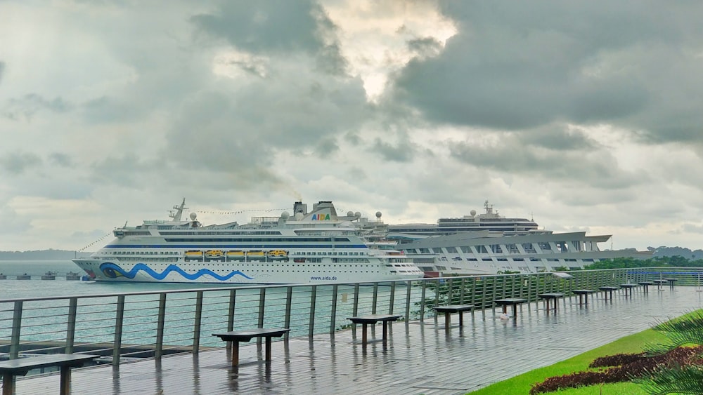 white and blue cruise ship on sea under cloudy sky during daytime