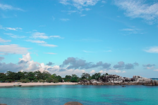 green trees on island surrounded by water under blue sky and white clouds during daytime in Belitung Indonesia