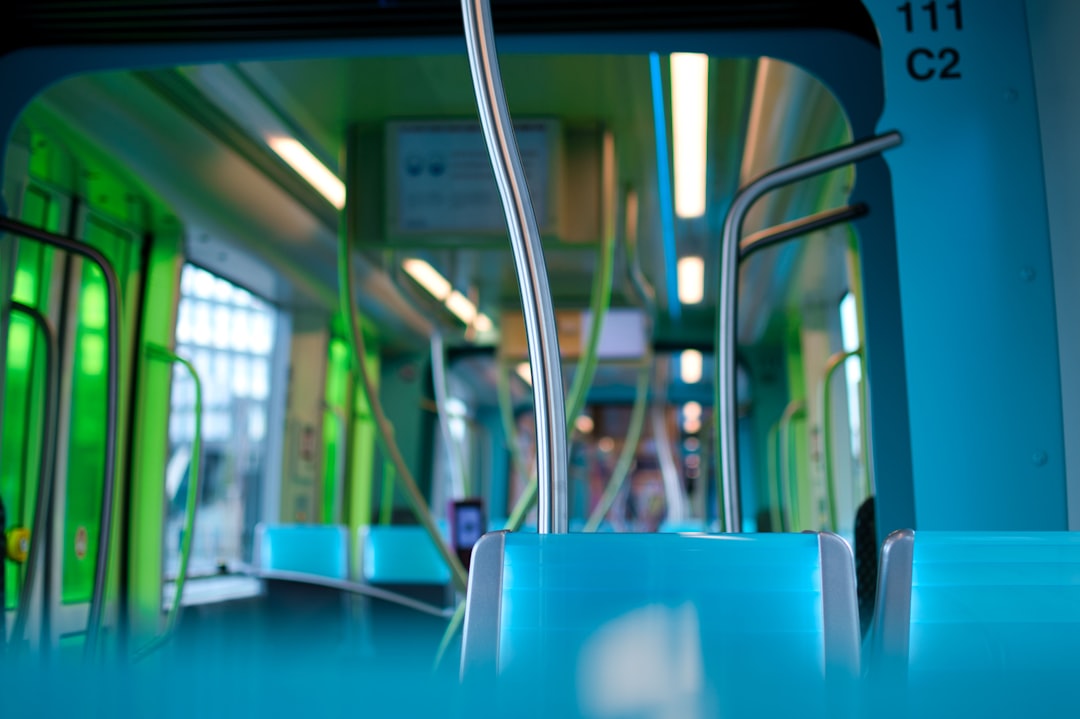 blue and white train interior, Luxembourg tram interior