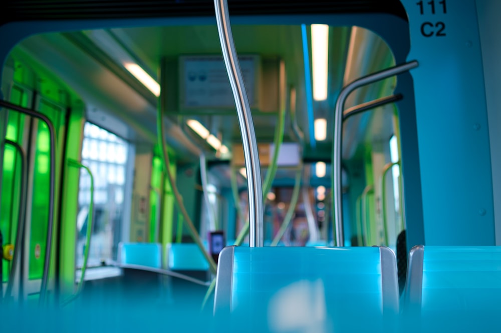 blue and white train interior