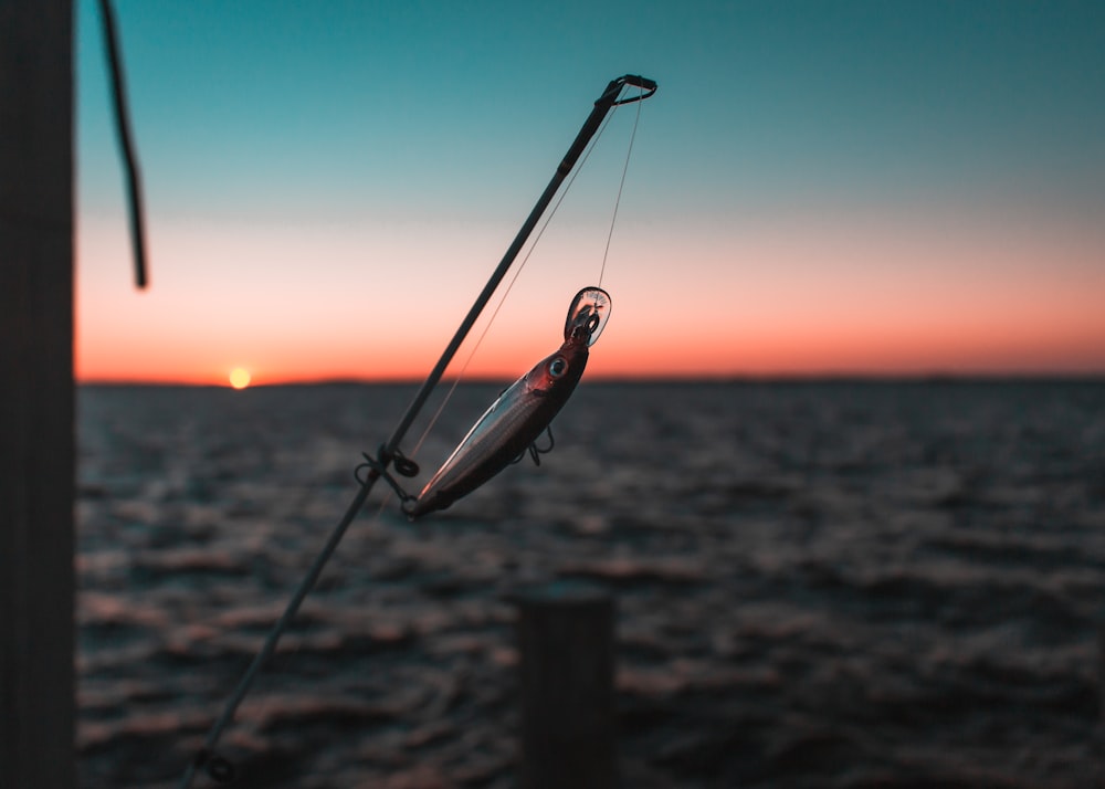 black fishing rod on brown wooden post during sunset