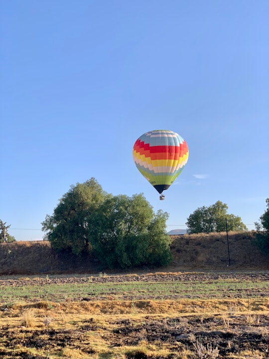 hot air balloon flying over green grass field during daytime in Teotihuacan Mexico