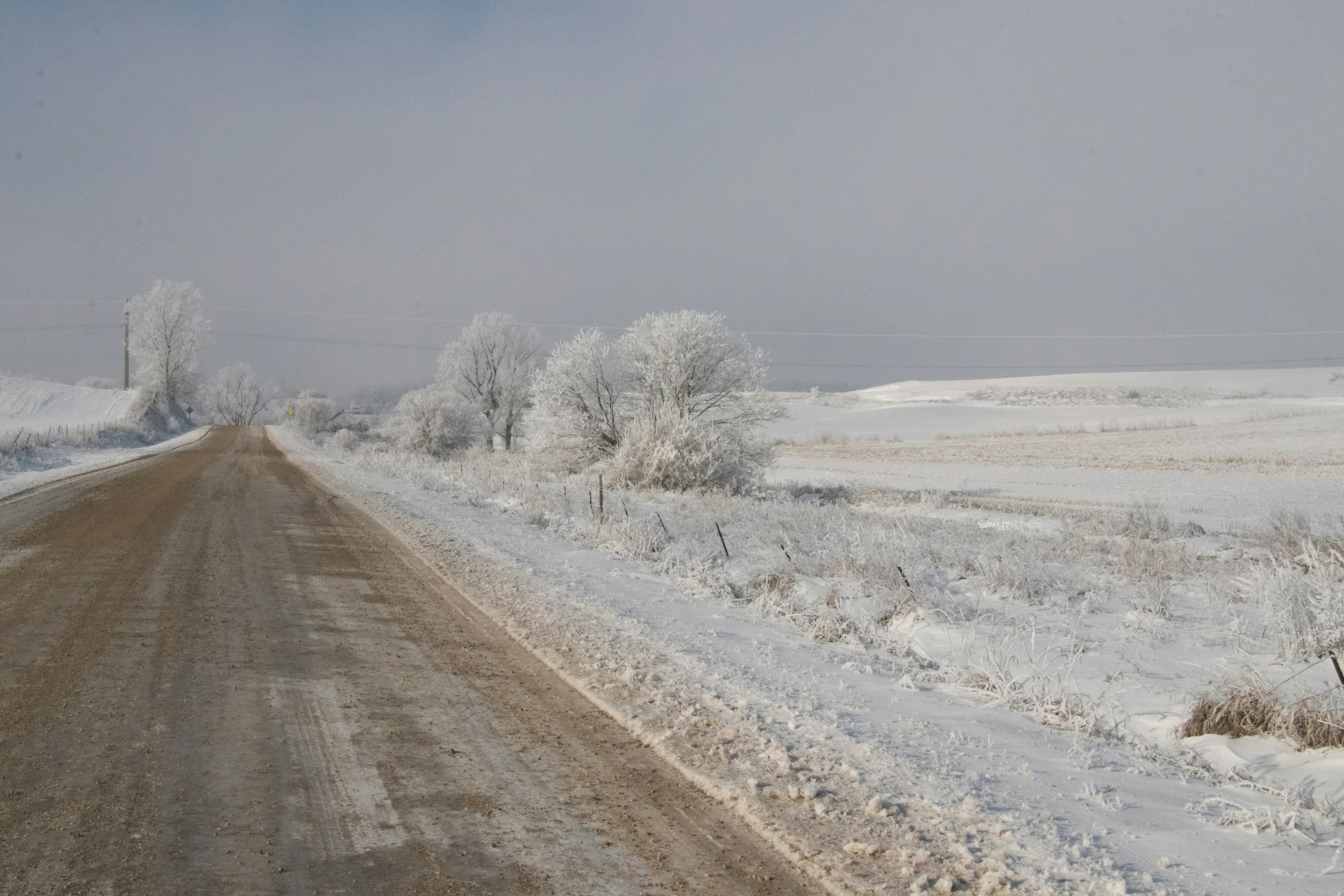 brown dirt road between snow covered field during daytime