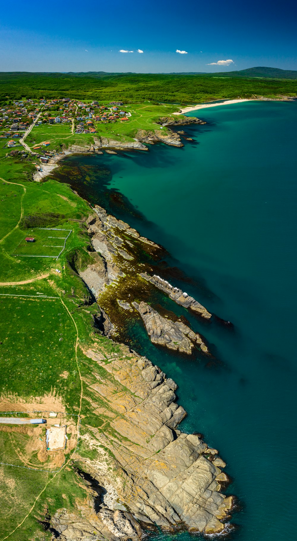 aerial view of green grass field near body of water during daytime