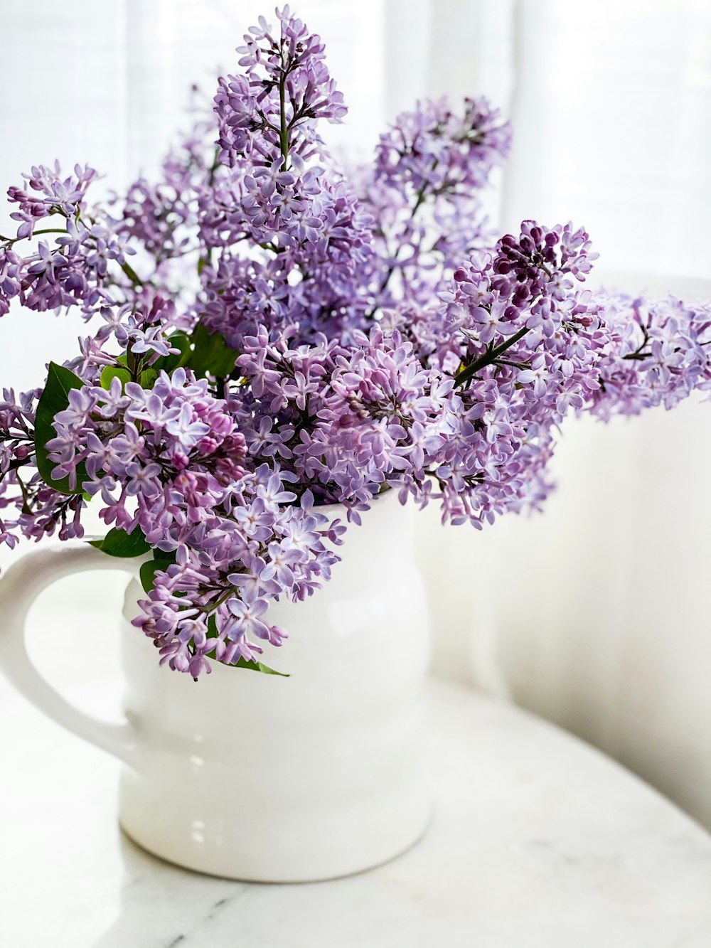 fleurs violettes dans un vase en céramique blanche