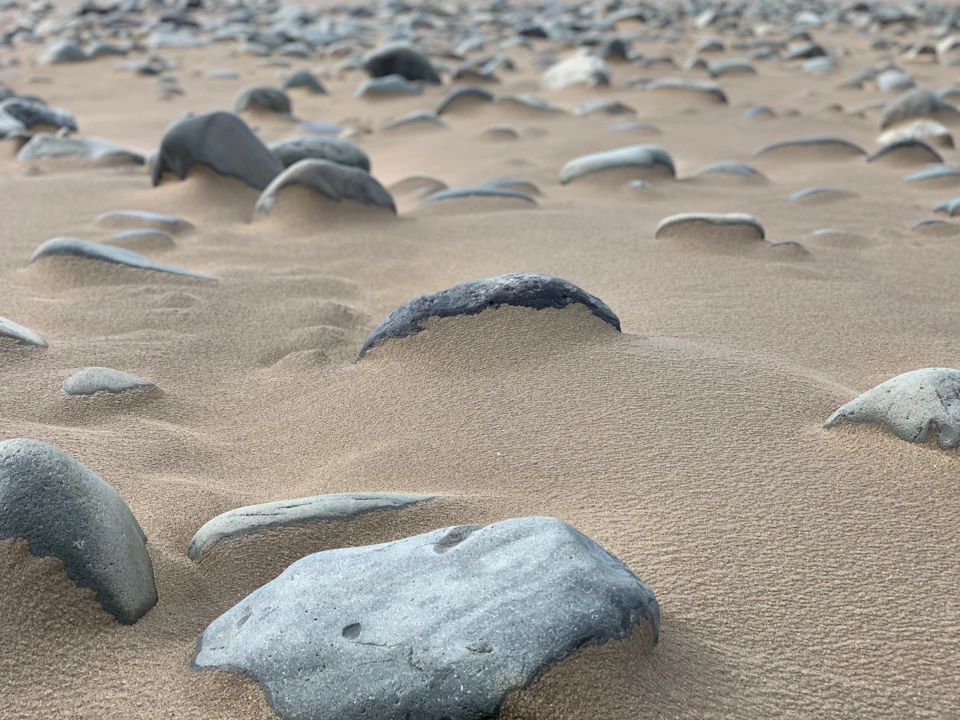 The image depicts a rocky beach scene with numerous large rocks scattered across the sandy terrain, varying in size and shape. Some rocks are larger than others, creating a sense of depth and dimension to the landscape. The perspective is from ground level, looking up at the rocks, which adds to the overall grandeur of the scene.

The colors in the image are predominantly beige and brown, reflecting the natural hues of the beach environment. There are no discernible texts or human-made objects present in the image, reinforcing its connection to nature.