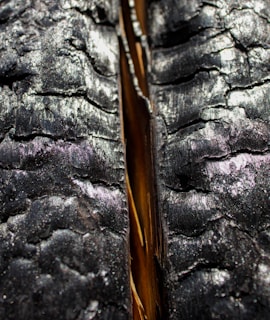 Close-up of soot and smoke damage on a wooden wall before restoration.