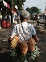 A person with grey hair seen from behind, wearing a white shirt, carries several pineapples hanging from ropes over the shoulders. The scene is set in an outdoor market area with various blurred figures and objects in the background.