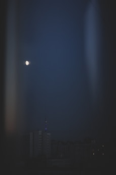 A dark, gothic city skyline illuminated by the moon.